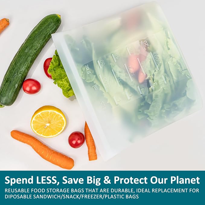 Small Reusable Silicone Food Storage Bags 4 Pack, 51fl oz/1500ml, 100% Silicone Stand-Up Wide-Open Zip-Lock Reusable Bags for Small Items, Microwave Freezer Oven Dishwasher Safe, Translucent