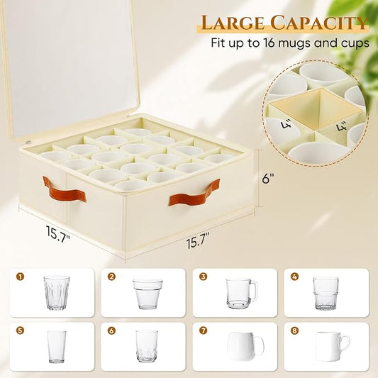 Foyego Cup and Mug Storage Box, Beige | 16 Adjustable Dividers, Hard Shell, with Transparent Lid, 3 Handles, Zippers, Stackable Storage Organizers for Packing&Moving
