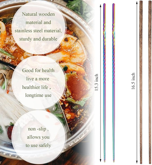 Patelai 4 Pairs Long Cooking Chopsticks 15.3 Inch & 16.5 Inch Extra Long Stainless Steel Wooden Noodles Chopsticks for Kitchen Cooking Frying Hot Pot, Non Slip Threaded(Mixed Color, Wood Color)