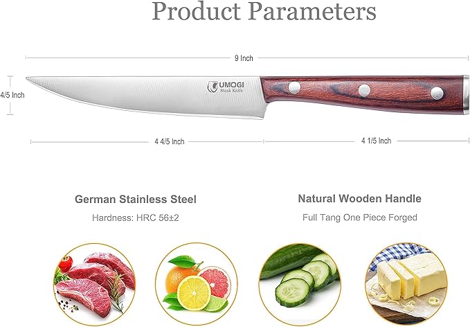 Premium Steak Knives Set of 6 in Gift Box - Polished Wood Handle, HC German Stainless Steel, Straight Edge Non Serrated - 4.8''Dinner Knife, Kitchen Tableware Knives Cutlery Set