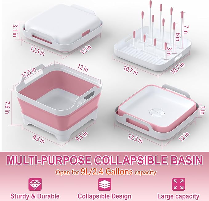 Yecuip Collapsible Baby Bottle Wash Basin w/Drying Rack & Drain Plug, Pink | 2.4 Gallon Foldable Dish Tub w/Handles,Portable RV Camping Sink & Space-Saving Wash Bin with Lid for Kitchen,Travel & Outdoor