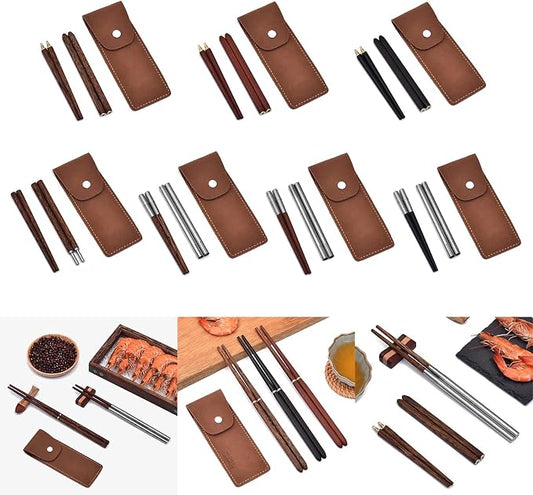 Foldable Chopsticks Travel Friendly Chopsticks with Leather Case Wood Tablewares Convenient Utensils for Outdoor Use, 20.8CM