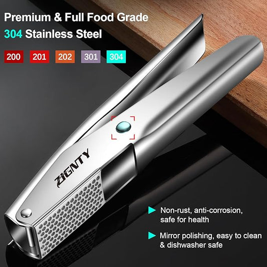 Garlic Press Stainless Steel,Premium Garlic Mincer Tool,No Need to Peel Garlic Ginger Crusher & Masher Easy Squeeze Large Trough Ergonomic Handle,Rust Proof,Dishwasher Safe (5 Years Warranty)