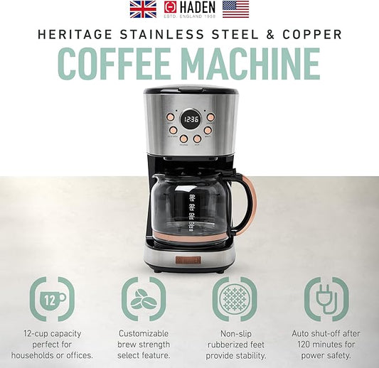 Haden Coffee Machine, 12 Cup Programmable Drip Coffee Maker with Auto Shut-Off Function and Reusable Washable Water Filter, Steel & Copper