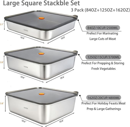 YUPER Stainless Steel Food Storage Containers, Large Meal Prep Container Sets with Lids, BPA Free, Leak Proof & Airtight, Microwave, Dishwasher, Fridge, Freezer & Oven Safe, 3 Pack (84+125+162OZ)