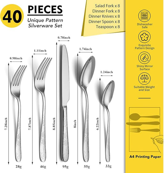 40 Piece Silverware Set, Service for 8, EIUBUIE Premium Stainless Steel Cutlery Set, Mirror Polished Flatware Sets with Pattern Handle, Modern Kitchen Eating Utensils Sets