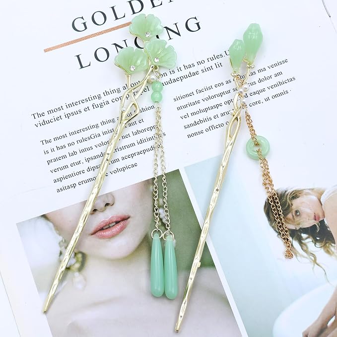 inSowni 8 Pieces Vintage Asian Chinese Traditional Hanfu Gold Metal Artificial Jade Bamboo Flower Butterfly Hair Pins with Pearl Bead Pendants Long Hair Sticks Forks Bun Updo Hairpins for Women Girls