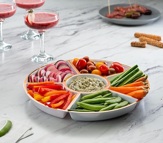 Plasticpro 6 Sectional Round Plastic Serving Tray/Platter (2, White & Rose Gold)