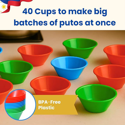 MEDIUM Size (2.8" x 1.2") 40 Pcs Puto Molder Filipino with Pouring Measuring Cup - Kutsinta Molder for Baking - Puto Mold Cups for Steamer - Filipino Plastic Molds for Desserts