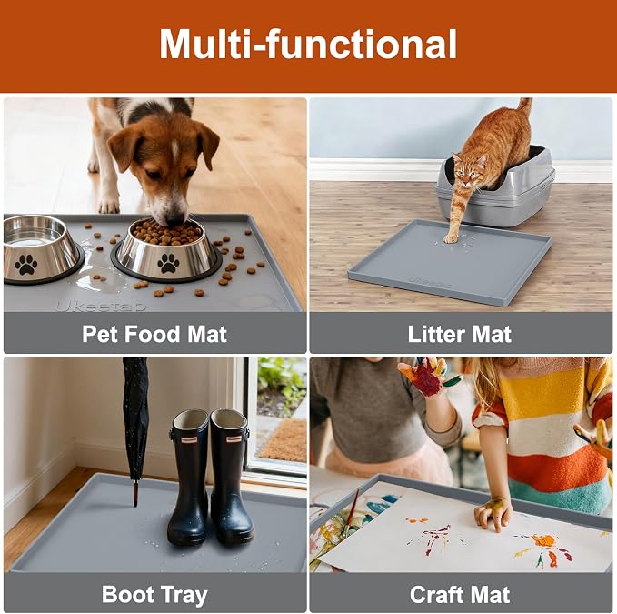 ukeetap 22" x 22" Extra Thick Silicone Mat Waterproof with Raised Edge, Under Sink Mat for Kitchen & Bathroom, Kitchen Cabinet Liner, Multi-Purpose for Storage & Protection, Gray