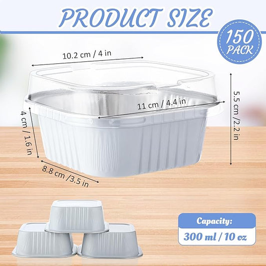 Aoriher 150 Pieces 10 oz Mini Cake Pans with Lids Aluminum Foil Baking Cups Square Disposable 4" x 4" Large Cupcake Cups Baking Tins for Kitchen Brownie Pudding Desserts Holders(White)