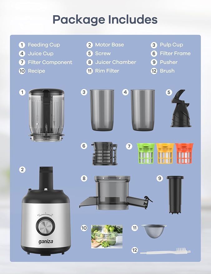 Ganiza Cold Press Juicer Machines, 4.06" Wide Feed Chute, High Juice Yield | Slow Masticating Extractor for Whole Fruits & Vegetables, 3 Replaceable Filters, Ultra-Quiet Motor, Easy to Clean, BPA-Free