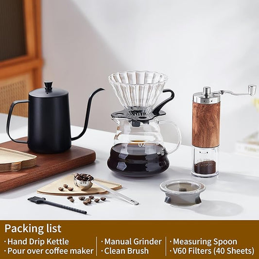 Unbreakable Pour Over Coffee Maker Set – 6-Piece Set with Coffee Maker, Hand Coffee Grinder, Hand Drip Kettle, V60 Filters (40 Sheets), and Measuring Spoon – Perfect for Home Brewing and Travel