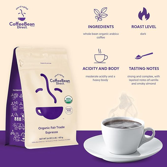 Coffee Bean Direct Organic Fair Trade Espresso Blend, Whole Bean Coffee, Dark Roast, 1 Pound Bag (Pack of 1)