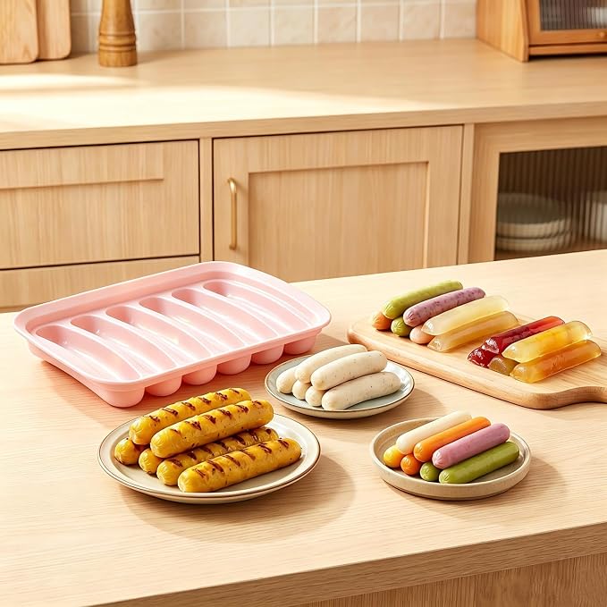 2 Pcs Silicone Sausage Mold with a Set of Silicone Brush Spatula and 25x Pastry Bags, Non-Stick Hot Dog Bun Pan, DIY Handmade Ham Sausage, Hot Dogs Baking Mold for Children's Food with Lid (Pink*2)