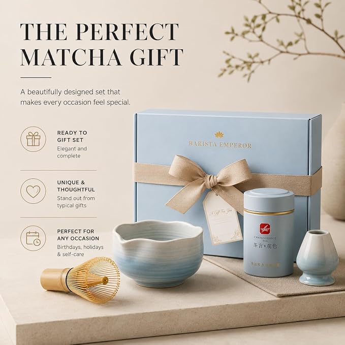 BARISTA EMPERORĀ® PREMIUM 8pcs MATCHA WHISK SET - Professional Matcha Kit Set with Matcha Bowl, Matcha Whisk, Matcha Glass, Glass Straw, Storage Container, Sifter, Scoop - Aesthetic Matcha Set Kit