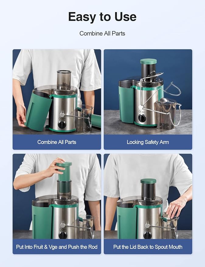 QCen Juicer Machine 500W Centrifugal Juicer with Extra Wide Feed Chute | For Fruits And Vegetables, Stainless Steel, BPA-Free Parts, Easy To Clean, Green, Compact Countertop Juicer