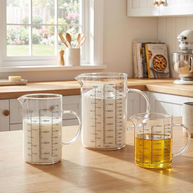 Graduated Glass Measuring Cup With Handle 350ML (12Oz, 1 1/2Cups) | High Borosilicate Liquid Measuring Cup for Baking Cooking Kitchen V-Shaped Spout Glass Measuring Beaker Easy To Read