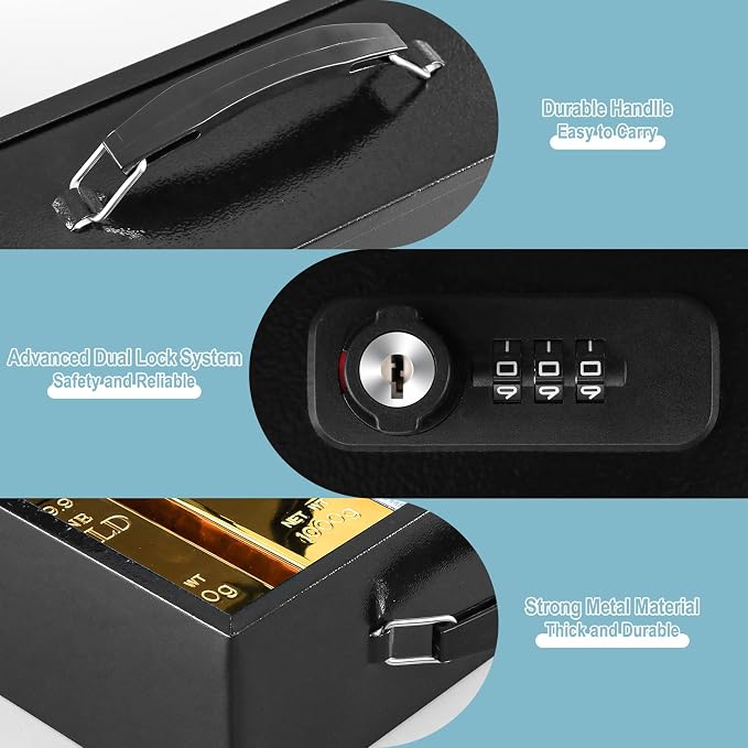 KYODOLED Fireproof Lock Box for Documents, Dual Combination and Key Lock Security with Carrying Handle, Metal Strong Safe Box to Keep Personal Items,Documents, Exterior 12.6" x 8.3" x 3.58", Black