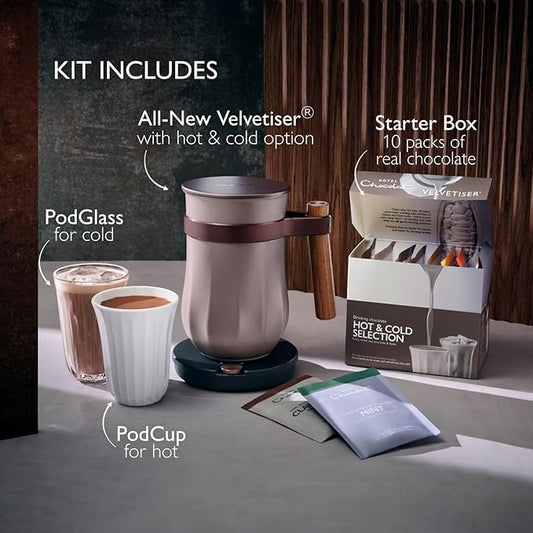 Hotel Chocolat Hot & Cold Drinking Chocolate System - The ALL-NEW Velvetiser from Kit includes hot chocolate maker, 10 serving taster box, mug and glass - Pewter Edition