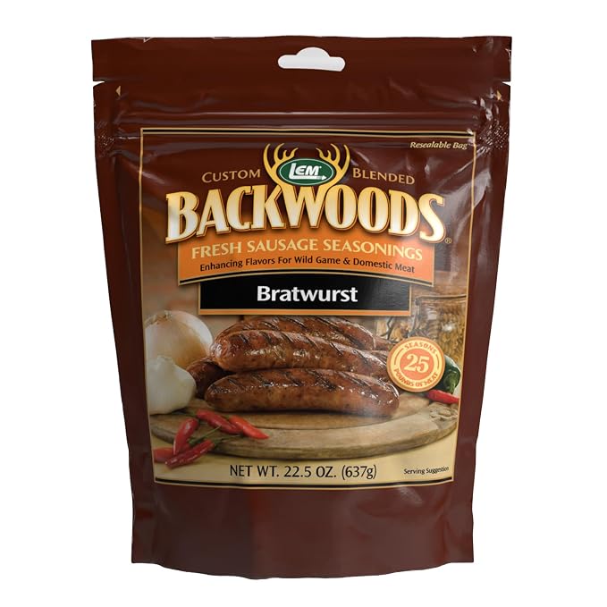 LEM Products Backwoods Bratwurst Fresh Sausage Seasoning, 22.5 oz Packet | Pre-Measured Seasoning for Wild Game and Domestic Meat, Seasons Up to 25 Pounds of Meat for Homemade Patties and Sausages