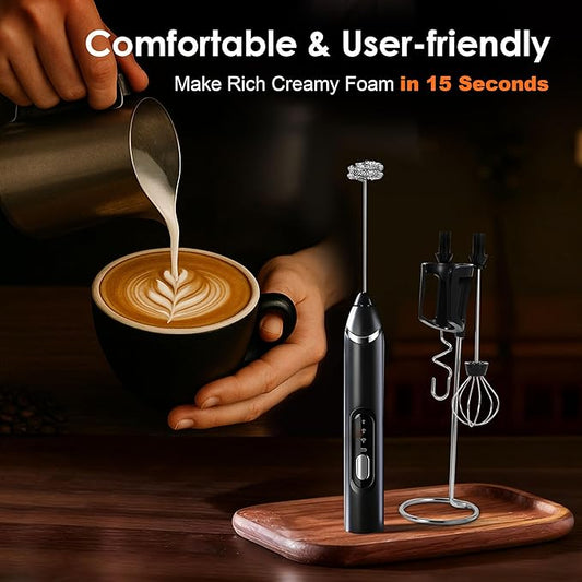Milk Frother Handheld with Stand,Rechargeable Coffee Frother Wand with 3 Detachable Stainless Steel Whisk Heads, Hand Electric Mixer for Latte, Cappuccino,Matcha,Protein(Black)