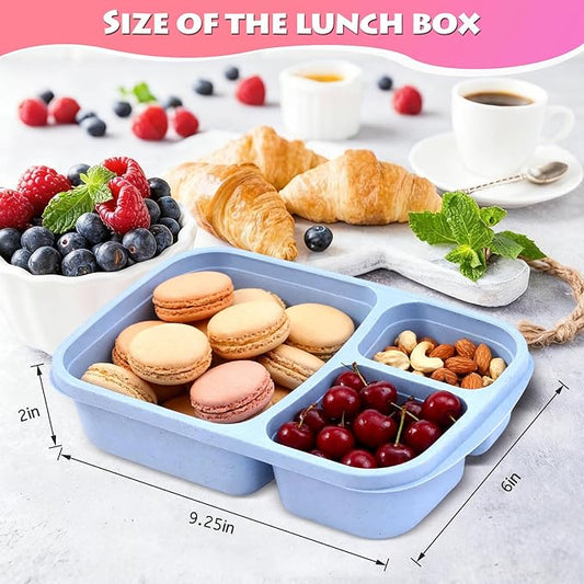 8 Pack Adult Lunch Box Set, Reusable 3-compartment food containers, Microwave and Dishwasher Safe (8 light colors)