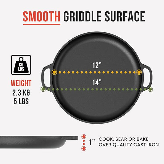 Chef Pomodoro Cast Iron Pizza Pan, 12 Inch, Pre-Seasoned Non-Stick Skillet | Multi-Use Cast Iron Cookware for Dosa Tawa, Roti, Tortilla Comal, Crepes, Oven, Grill, BBQ, and Campfire Cooking