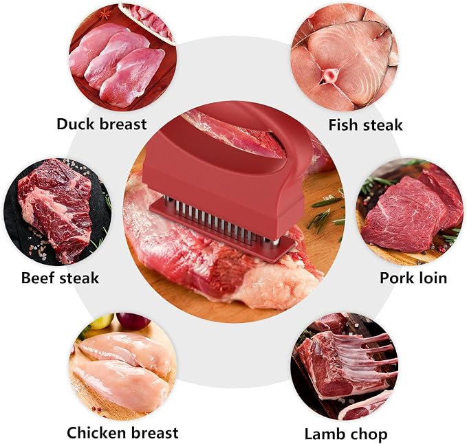 Meat Tenderizer Tool with 48 Stainless Steel Blades, Heavy-Duty Needle Tenderizer for Steak, Beef, Pork & Chicken, Kitchen Cooking Gadgets Tools Red