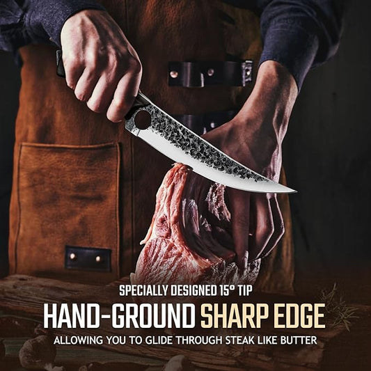 Huusk Viking Boning Knife 6 inch, Japanese Boning Knives for Meat Cutting, Full Tang Fillet Knives with Sheath, Brisket Trimming Knives for BBQ, Camping, Ideal Gift