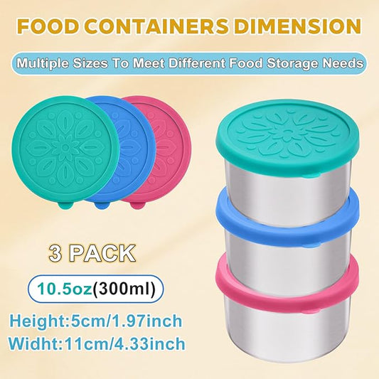 Cmonie 3Pack Stainless Steel Containers with Lids,10/20/33 oz Easy Open Leak Proof Metal Snack Containers,Food Storage Bento Box for Snacks, Fruits (3Pcs-10 oz)