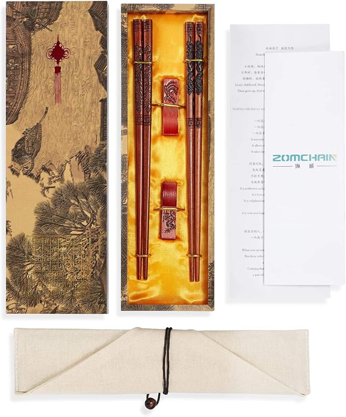 Chopstick Reusable Chinese Dragon and Phoenix Chopsticks with Holder and Carrying Bag Chinese Traditional Stylish Set(2 Pairs)