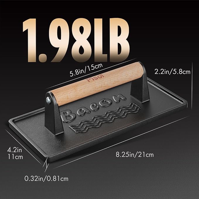 Pisol Pre-Seasoned Cast Iron Smash Burger Press, 2 lb Meat Press Tool | Rustproof, Pre-Seasoned, Flat Bottom, Square, Wooden Handle, Dishwasher Safe, No Stick, Easy to Clean, 6.6'' Wide, 2lb