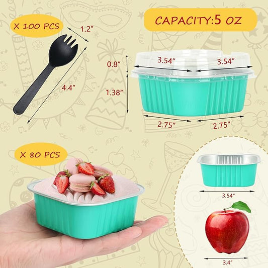 5oz/80pack Mini Cake Pans with Lids,LNYZQUS Aluminum Foil Cupcake Baking Cups Muffin Tin,Disposable Ramekins Small Cake Mini Brownie Baking Pan Cheesecake Containers -Cyan Blue