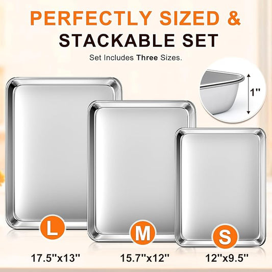 Baking Sheet Set of 3, Commercial Grade Stainless Steel Cookie Sheets for Baking, 12/16/17.5 Inch, Thicker and Firmer Baking Pans Set, Rust & Warp Resistant & Nonstick, Nontoxic&Heavy Duty&Easy Clean