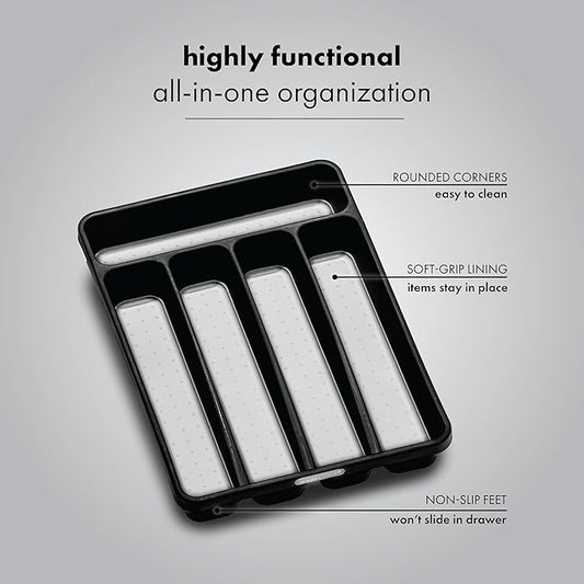 madesmart Classic Mini Silverware Tray, Soft Grip, Non-Slip Kitchen Drawer Organizer, 5 Compartments, Multi-Purpose Home Organization, BPA Free, Granite