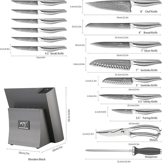 NANFANG BROTHERS® 16 Pieces Damascus Kitchen Knife Set, High Carbon Damascus Steel Chef Knife Set, Stainless Steel Ergonomic Handle for Chef, with Built-in Sharpening Rod