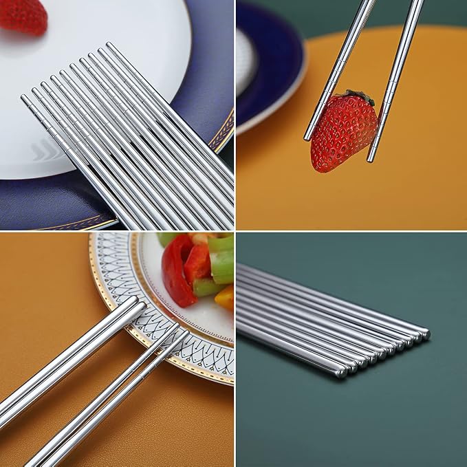 10 Pairs Reusable Chopsticks, Stainless Steel Metal Chop Sticks, Japanese Chinese Korean Chopstick Dishwasher Safe, 8.9 Inch (Silver / Chop sticks)
