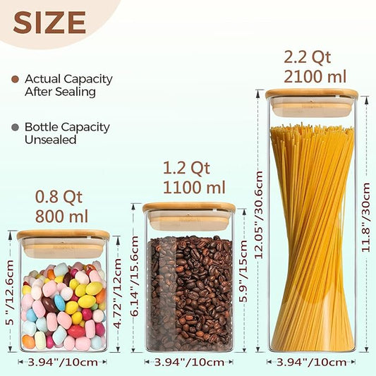 Food Storage Containers with Airtight Bamboo Lids Set of 5, Glass Canisters with Airtight Lids, Glass Food Storage Containers for Pasta, Oats, Coffee, Flour, Sugar, Best for Kitchen, Square