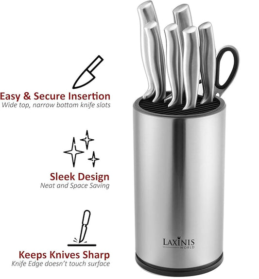 Universal Knife Block, Stainless Steel Round Knife Holder with Scissors-Slot, Counter-top Storage, Holds 12 8.5”-Blade Knives, 9” by 4.5” (knives not included)