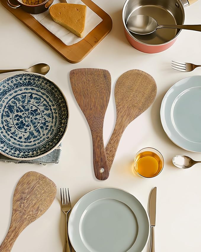 EORTA Set of 3 Wooden Rice Paddles, 8 Inch Rice Spoon Spatula & Scooper for Nonstick Cookware, Small Wooden Utensils for Kitchen Cooking, Slanted/Flat/Curved Food Spatula, 8.26 * 2.75inch