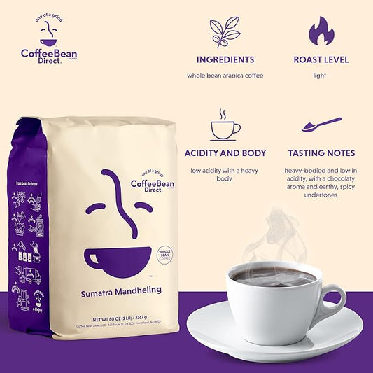 Coffee Bean Direct Sumatra Mandheling, Whole Bean Coffee, Light Roast, 5 Pound Bag (Pack of 1)