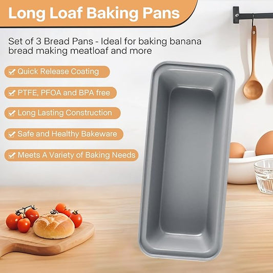 3-Pack 13×5 Inch Loaf Pan for Baking Bread, Nonstick Carbon Steel Bread Pan, Rust-Resistant & Warp-Resistant Full-Size Large Loaf Pan for Homemade Bread, Banana Loaf and Meatloaf