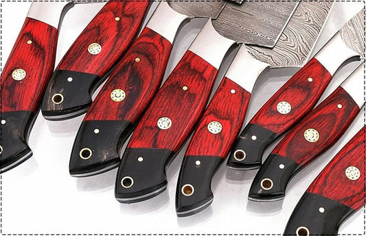 G16Red- Professional Kitchen Knives Custom Made Damascus Steel pcs of Professional Utility Chef Kitchen Knife Set with Chopper/Cleaver Black Horn (at end) GladiatorsGuild (8, Red)
