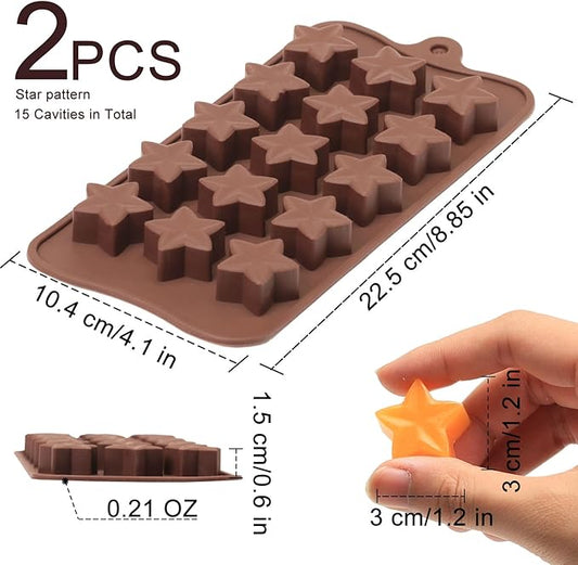 Small Star Silicone Molds, 15 Cavities Star Chocolate Molds for Candy/Gummy/Jelly/Fruit Snack, Mini 3D Stars Mold for Wax Melt/Resin, 2 Pcs