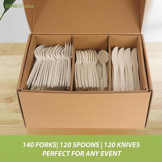 380 Count Heavy Duty Compostable Cutlery Set 140 plastic forks 120 spoons 120 knives eco-friendly no plastic silverware compostable utensils for Weddings, Parties, Office, Camping, Picnic