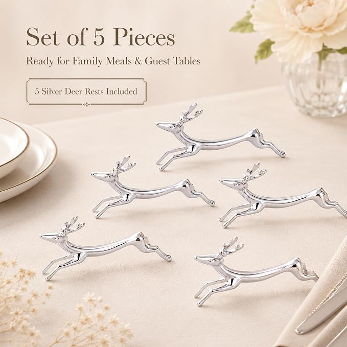 ChezMax Pack of 5 Zinc Alloy Chopsticks Spoon Forks Knives Tableware Rest Set, Silver Deer