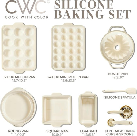 COOK WITH COLOR 17 Pc. Silicone Baking Pan Set - Non-Stick & Easy Clean Silicone Muffin Pans for Baking with Sturdy Metal Frame for Stability, Flexible Cake Molds, Includes Measuring Cups and Spoons