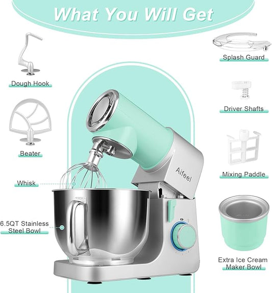Aifeel Stand Mixer, 6.5QT Mixer with Ice Cream Maker Attachments, Kitchen Electric Mixer Multifunctional Bread Dough Mixer with Dough Hook,Whisk & Beater, Food Mixer for Baking (Green-Silver)