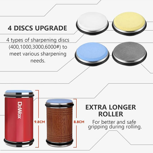 Longer Rolling Knife Sharpener with Leather Strop, Upgraded Rolling Knife Sharpening with 4 Degree Angle and 4PCS Replaceable Honing Discs, Easy to Sharpen Ktichen Knives, Red